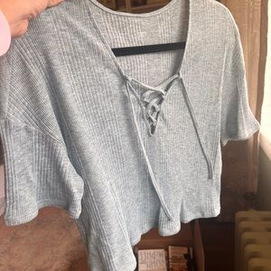 ALO Yoga Light Blue Heather Lace-Up Ribbed Tee